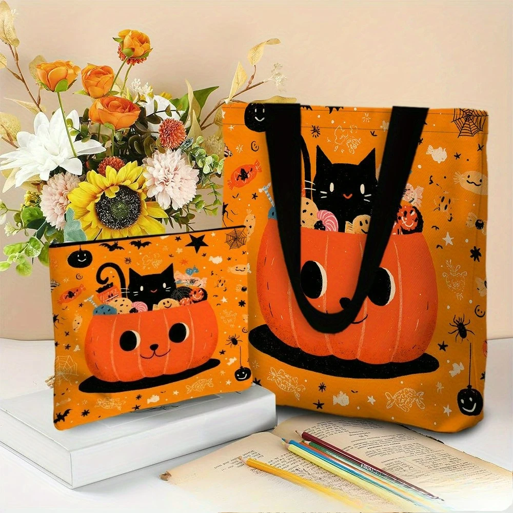 Pumpkin Cat Candy View Tote Bag Beach Bag with Makeup Bag Stylish Durable Shopping Bag Shoulder Bag Travel Toiletry Bag
