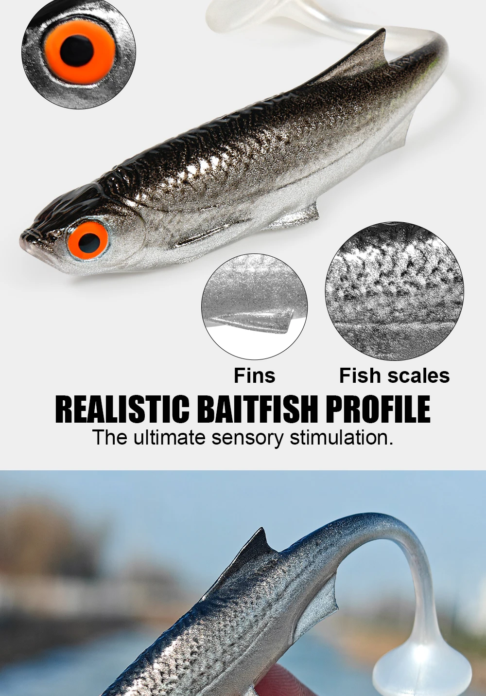 Spinpoler Natürlicher Bio-Shad 11cm Schwimmköder Angelköder Realistischer Köderfisch 3D-Augen Künstlicher Bionischer Schwimmköder für Barsch und Forelle 4 Stück – Detail 3