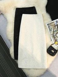 SMTHMA Small Fragrant Wind Sequined Mid-Length Tweed Skirt For Women 2026 New Autumn Winter High Waist Slimming Woolen Skirt