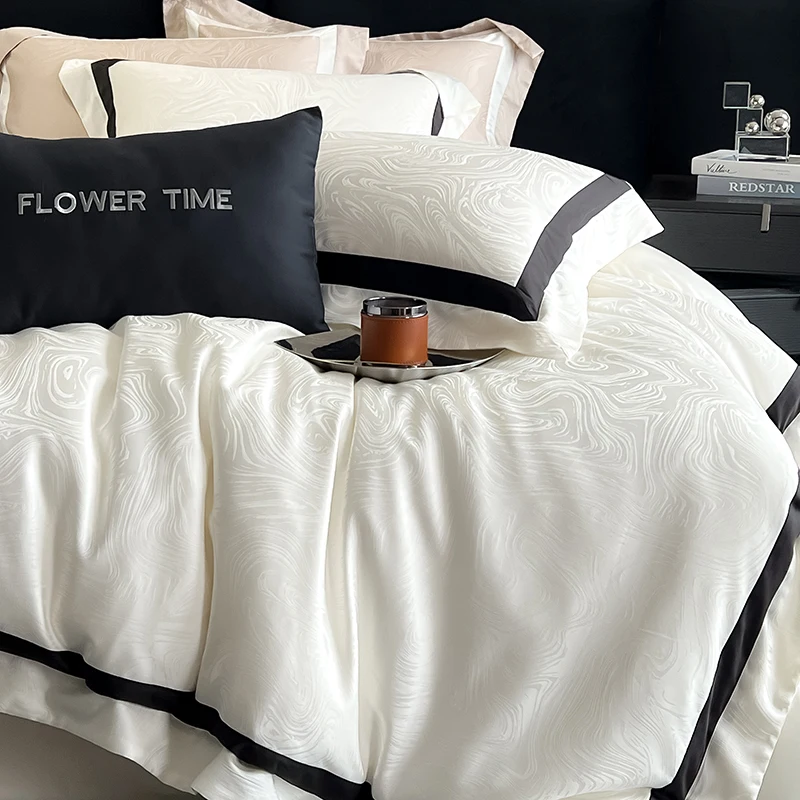 Luxury 800TC Lyocell Cotton Soft Silky Bedding Set Black Broad Side Jacquard Duvet Cover Set Flat/Fitted Bed Sheet Pillowcases