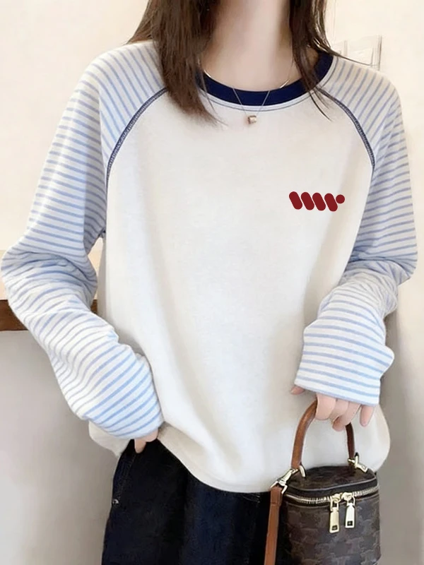 Loose Long Sleeve T-Shirt Women Spring Summer Printed round Neck Shoulder Insert Stripe Color Block Casual Comfortable Top