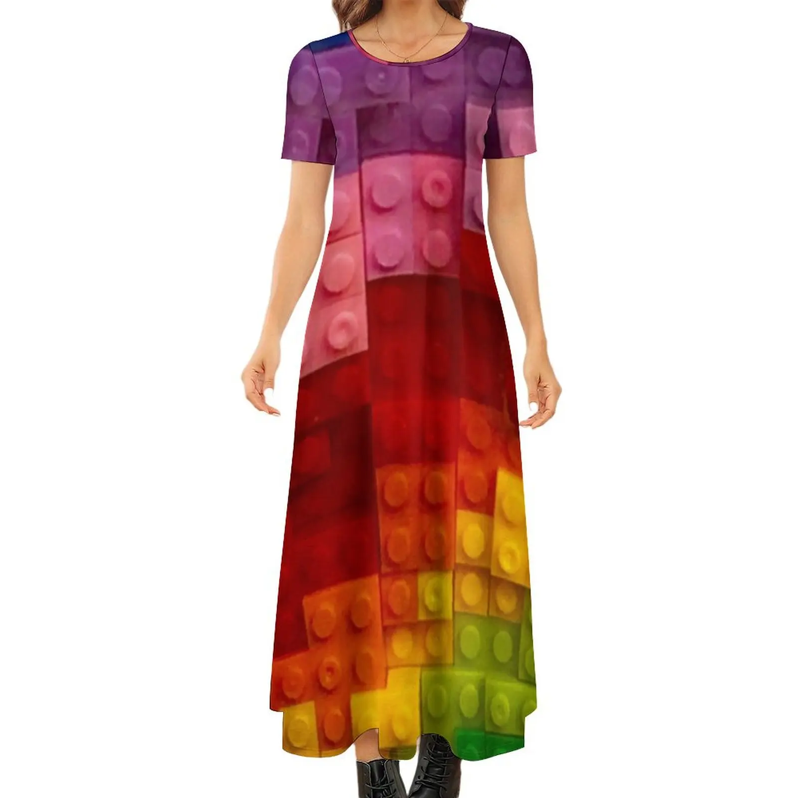 

Building block style rainbow colours Round Neck Short Sleeve Dress women"s evening dresses dress