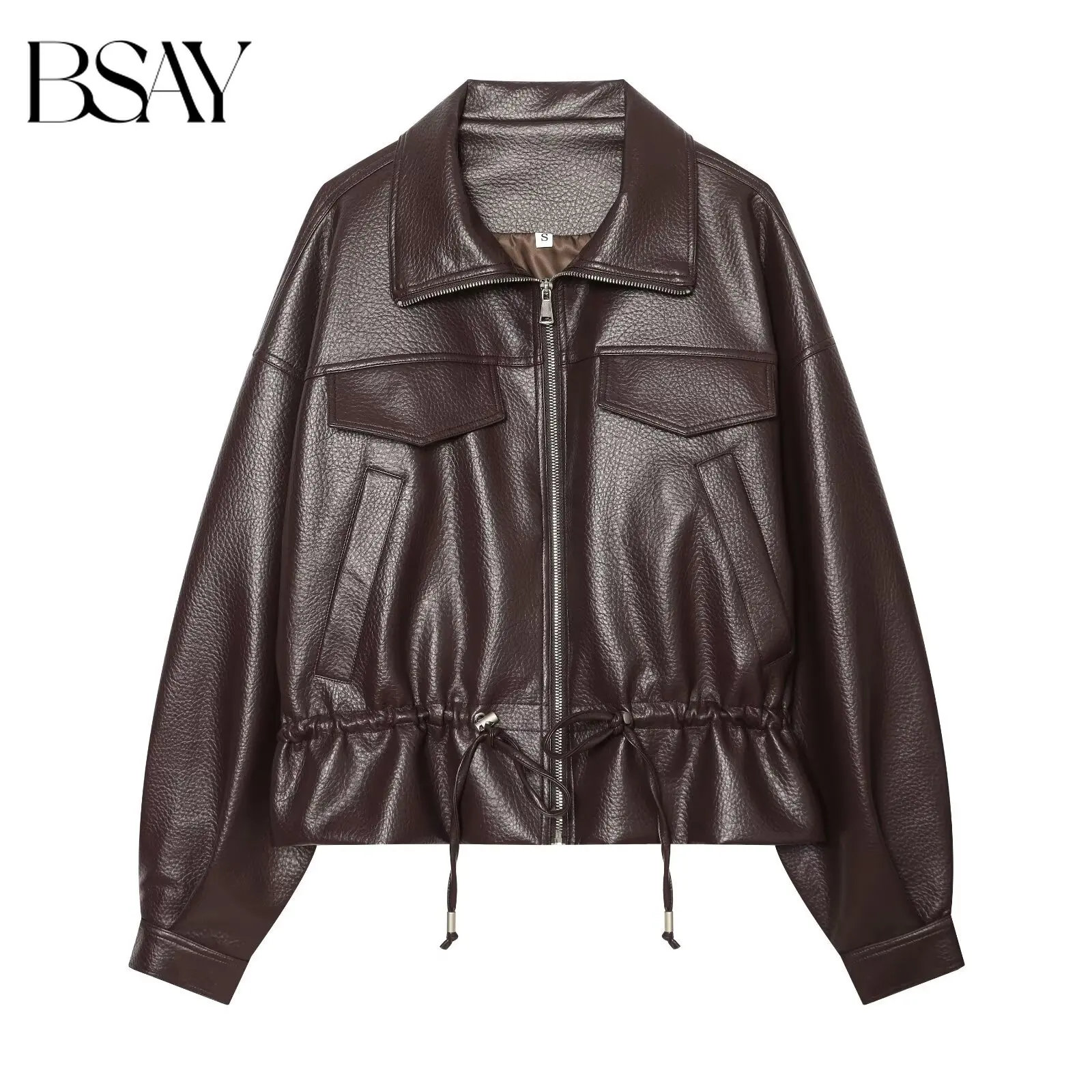 BSAY 2026 Herbst Retro Street Style Damen Oversized PU-Lederjacke mit Revers, Reißverschluss und Kordelzug am Saum, Cropped Loose Biker Outerwear