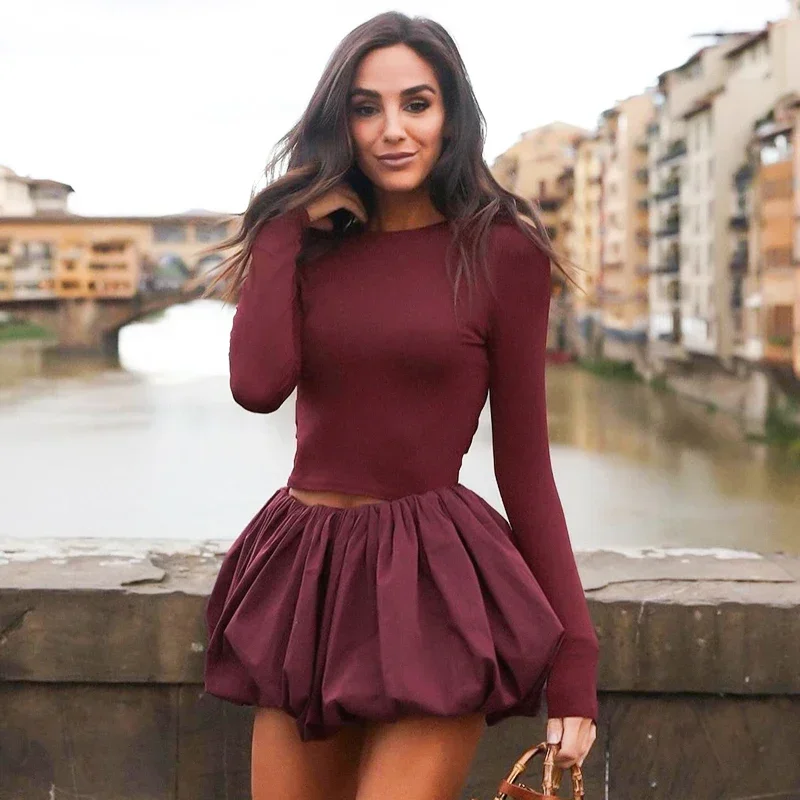 

Slim Round Neck Backless Twist Long Sleeve Top + Floral Bud Mini Skirt Set 2024 Fall For Hottie Sexy Fashion Girl Wear