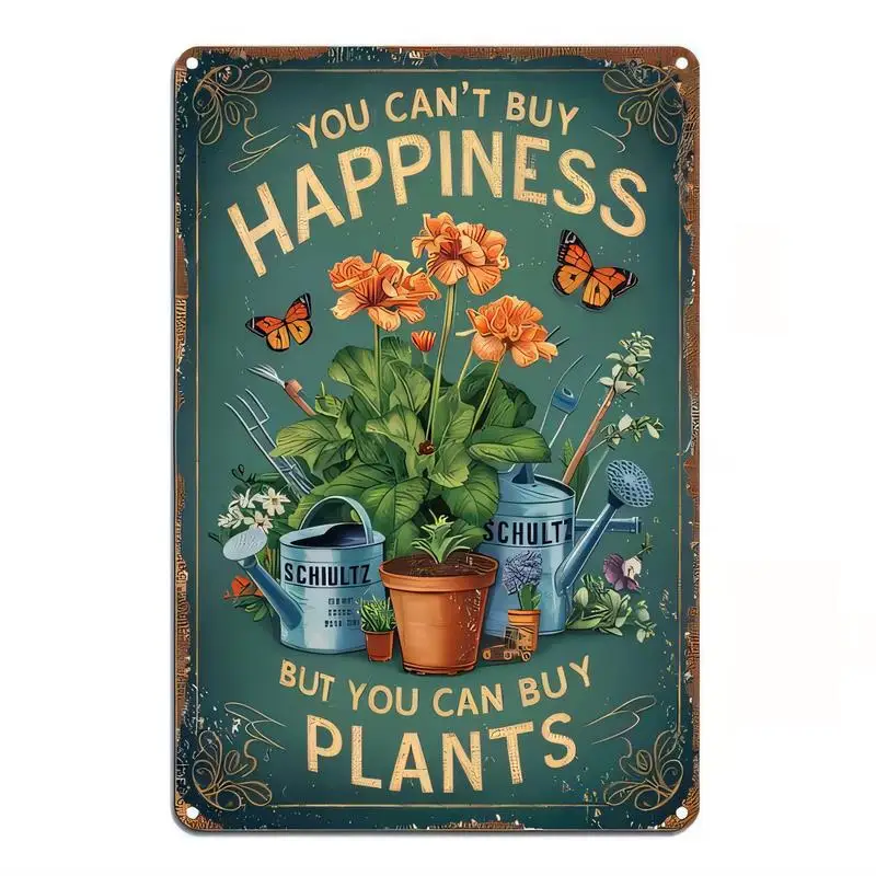 Vintage Plant - Themed Metal Sign, Retro Teal Iron Wall Art with Flowers, Butterflies & Gardening Tools, 12x8 Rustic Decor for H