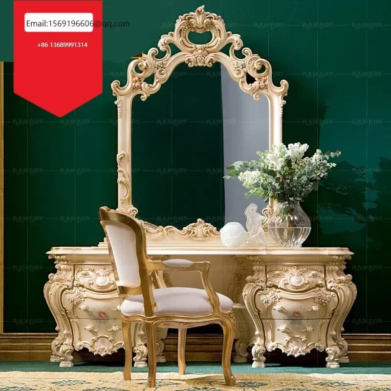 

European solid wood hand carved dressing table dressing mirror French color painting luxury dressing table customization