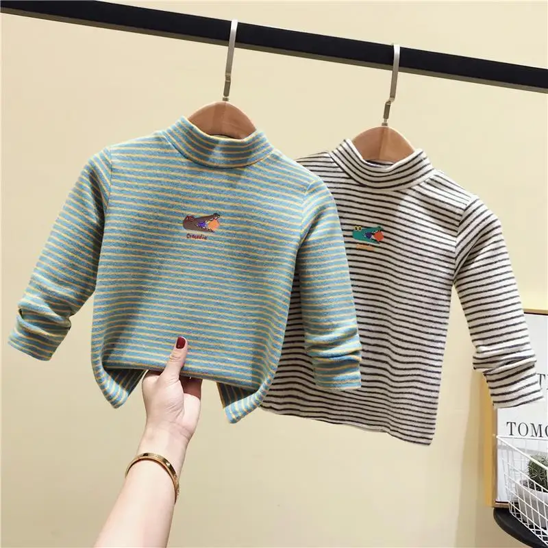 Children's semi high neck base shirt with thick velvet for boys/girls autumn/winter long sleeved knitted T-shirt baby warm top