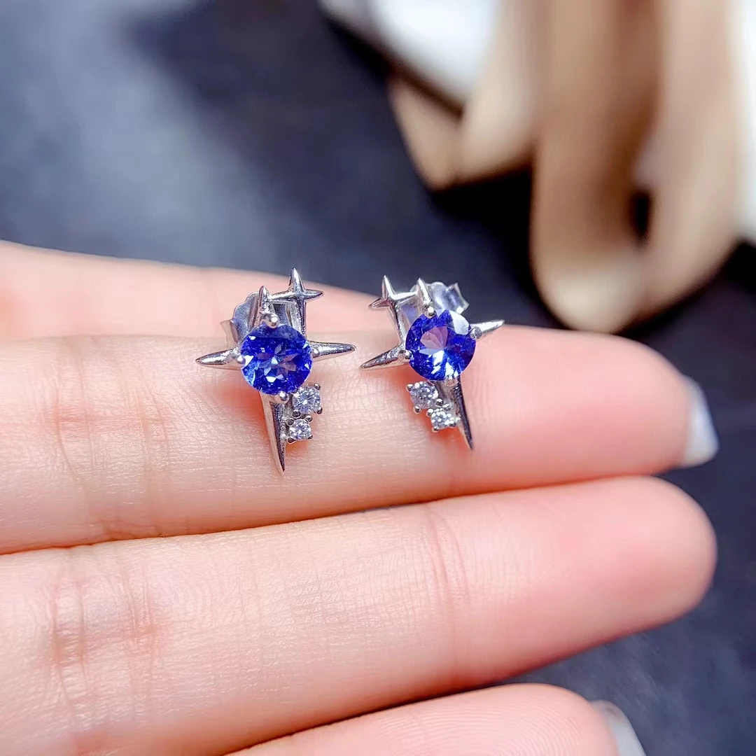 

MeiBaPJ 5mm Natural Tanzanite Star Stud Earrings for Women Real 925 Sterling Silver Fine Wedding Jewelry