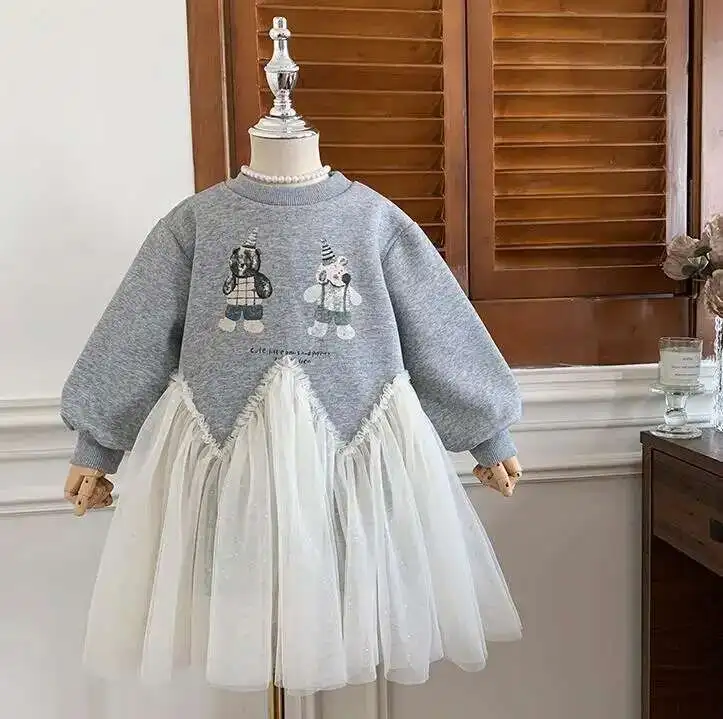 

New Baby Girls Fall Long Sleeve Cartoon Mesh Dress, Princess Kids Sweet Party Dresses 3-8T