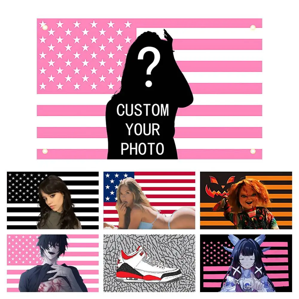 مخصص الوردي الأسود أمريكا أعلام الولايات المتحدة الأمريكية نسيج راية صمم صورتك الخاصة لغرفة النوم في الهواء الطلق مطعم بار جدار ديكور الطرف