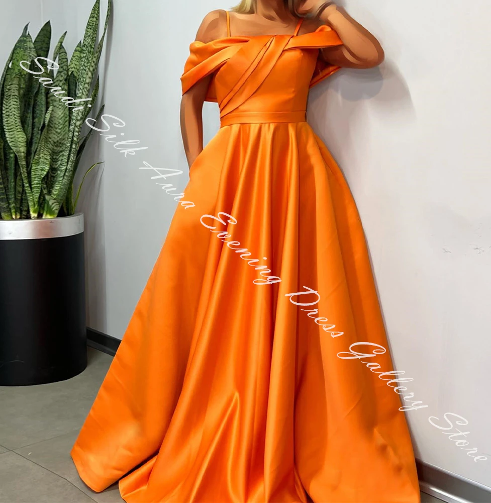 Off the Shoulder Satin Sleeveless Floor Length A-Line Evening Dress Panel Train Lace Up Back Temperament Photo Color Classic