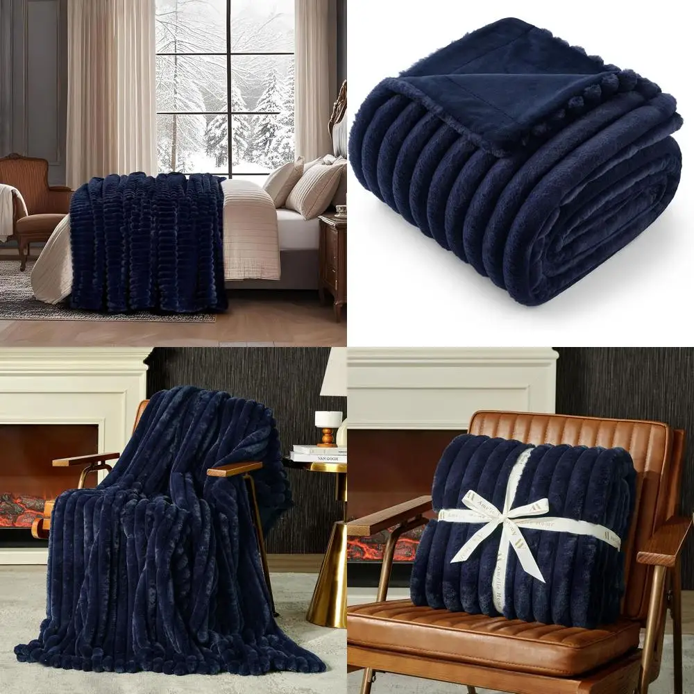 

Cozy Fluffy Faux Fur Throw Blanket, Striped Plush Sofa Chair Cover, 55x70, Navy Blue