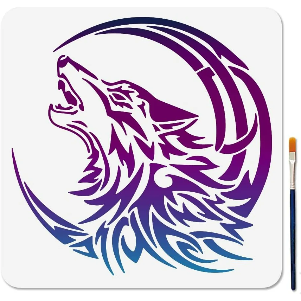 Plantilla de luna de lobo de 11,8x11,8 pulgadas con pincel, plantilla de lobo aullando para pared de madera, ventana, manualidades, decoración del hogar