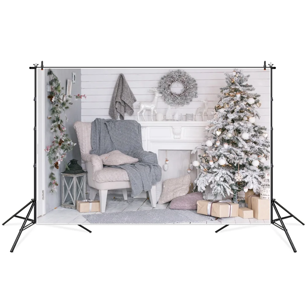 Kerstboom Krans Haard Stoel Lantaarn Interieur Fotografie Achtergronden Custom Baby Party Decoratie Photo Booth Achtergrond