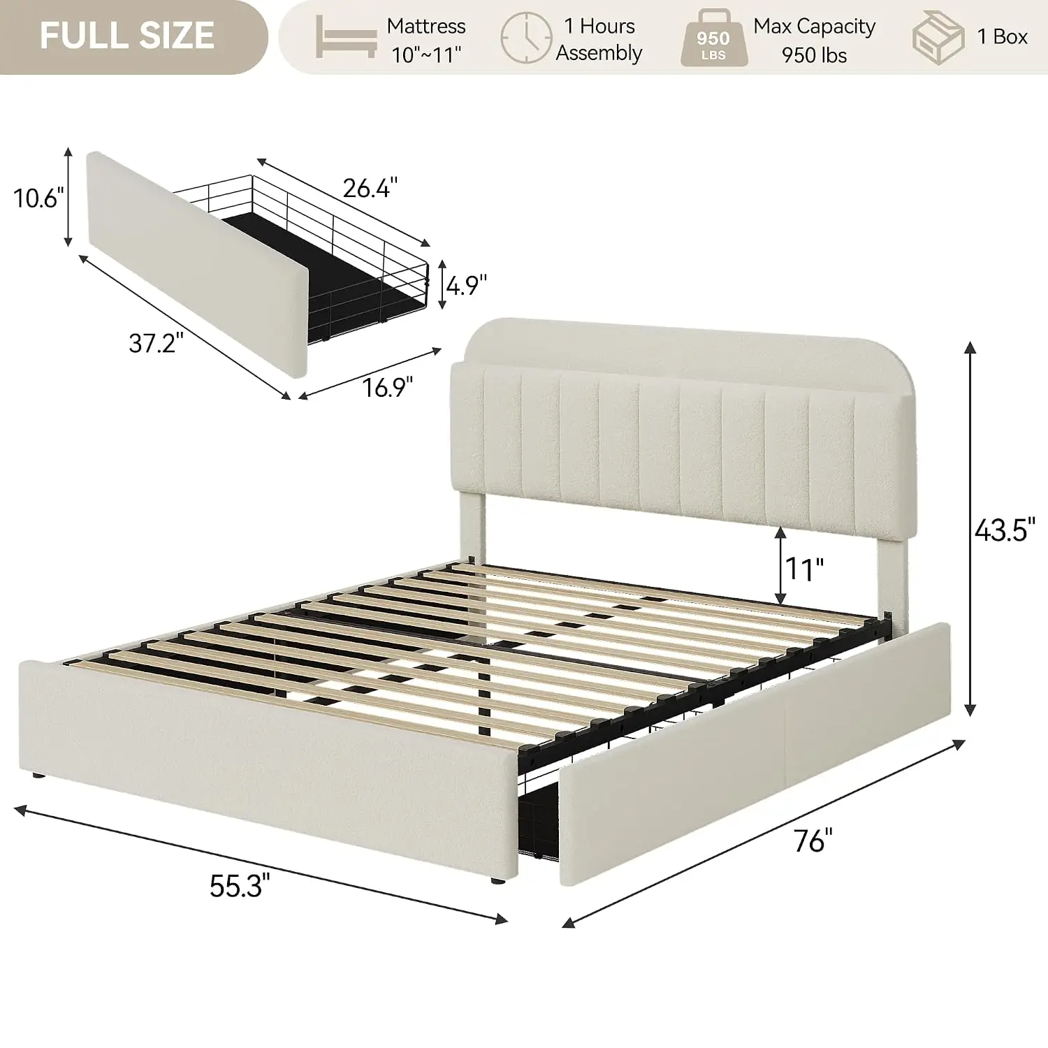 Boucle Upholstered Platform Bed with Bookcase Headboard & 2 Drawers, Easy Assembly No Box Spring Noise Free Beige, Customized