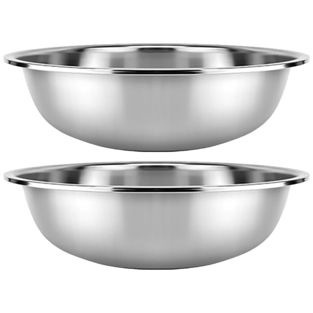 2pcs Stainless Steel Basin Thick Large Metal Mixing Bowl For Kitchen Vegetable Washing Fruit Storage Flat Bottom Household Bowl