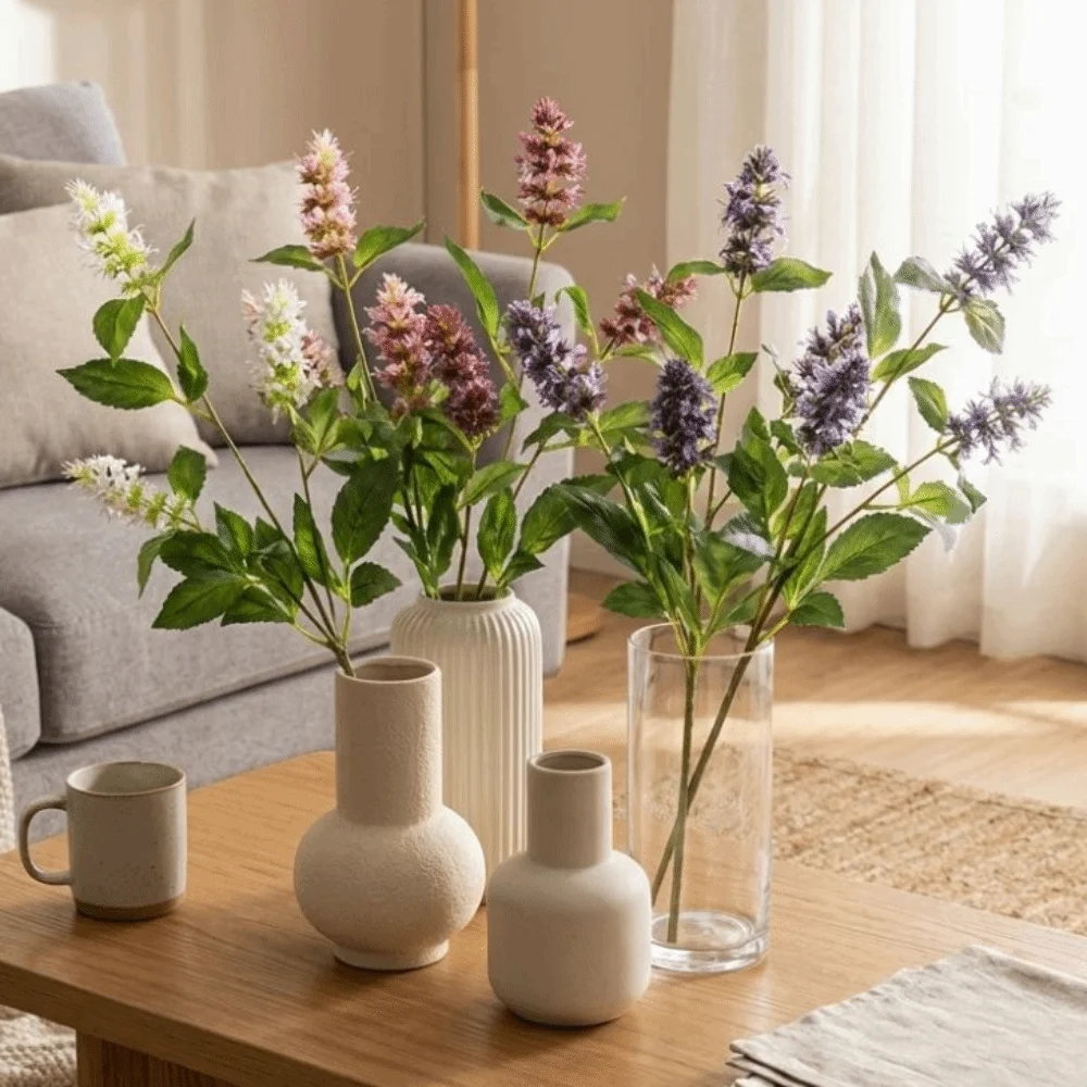 Flor Artificial de Pogostemon de 3 Cabezas, Tallo Alto, Rama de Pachulí Falsa, Textura Realista, Flor Artificial de Seda Plástica