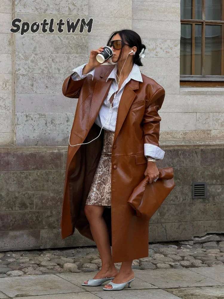 Faux Leather Long Trench Coat Women Button Front Lapel Long Sleeve Pocket Loose Single Breasted Coats Autumn Vintage Outerwears