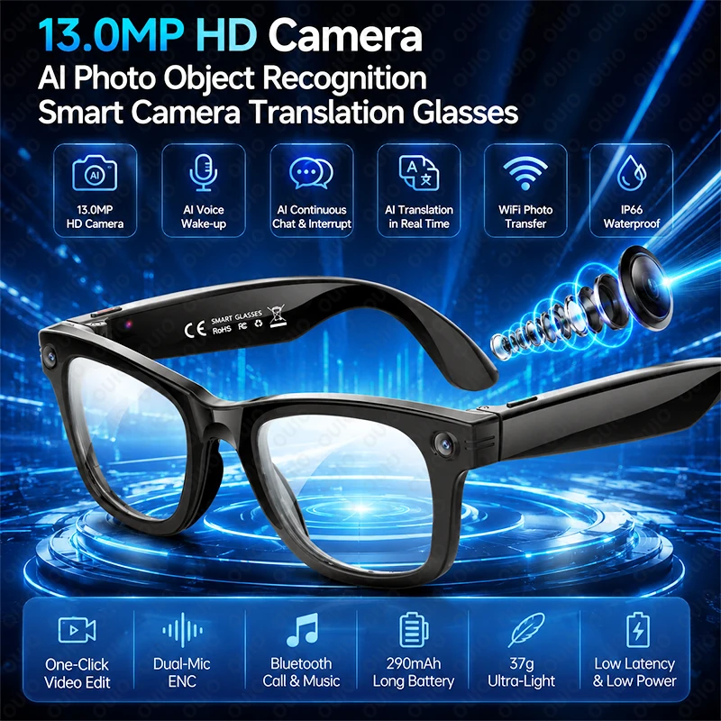 

New AI Photo Recognition Smart Glasses 1300W HD Camera Photo Translation EIS Anti-shake Recording Bluetooth Call Smart Glasses