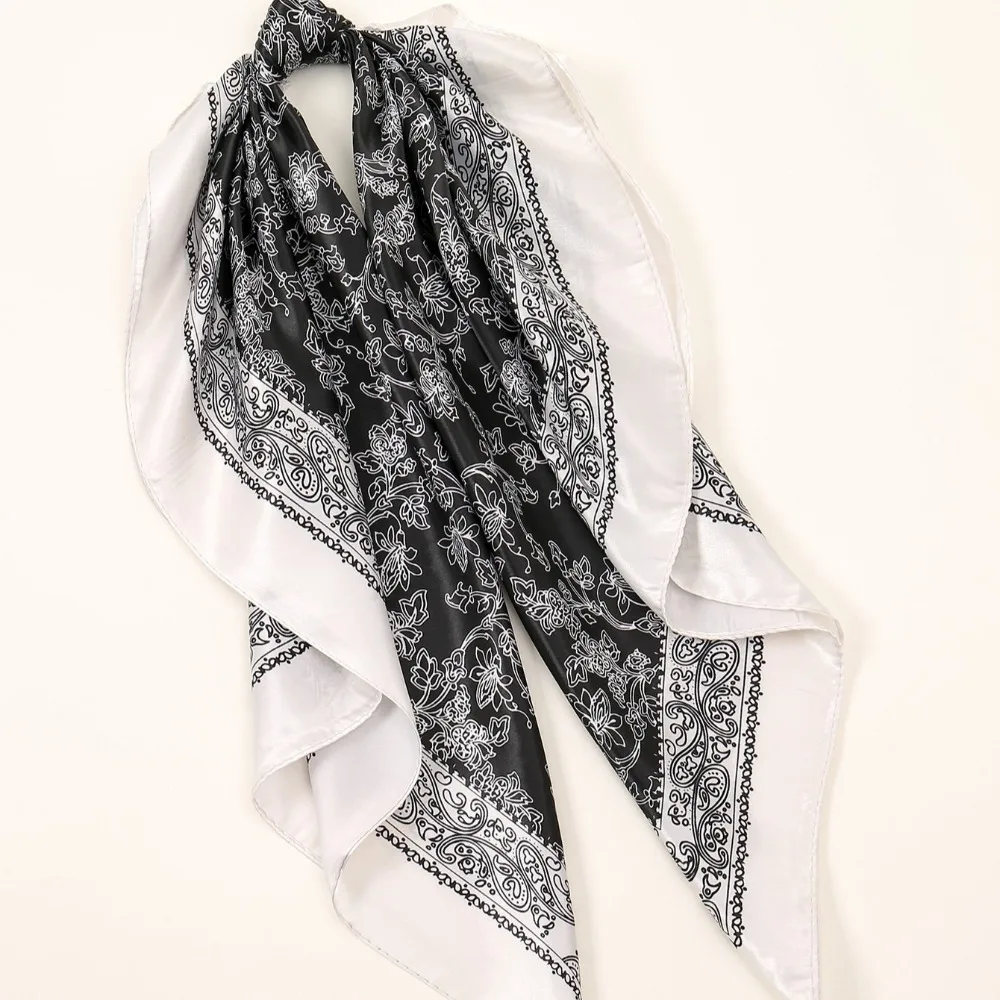 新しい 90*90 センチメートル正方形スカーフプリント滑らかなサテンラップラインスカーフヘッドバンドヘアラップ女性