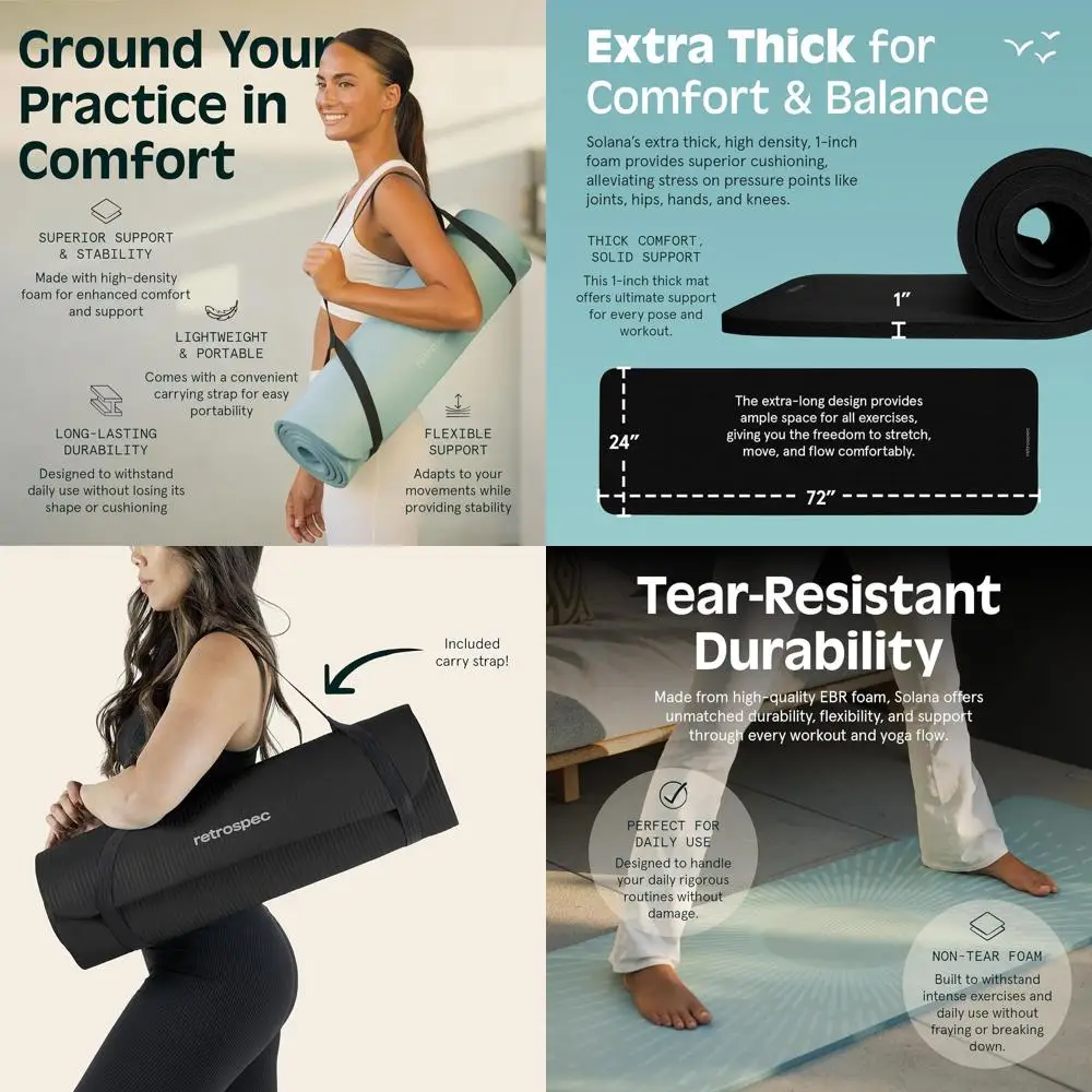 

Коврик для йоги толщиной 1 дюйм с нейлоновым ремнем для мужчин и женщин – нескользящий, для домашней йоги, пилатеса, растяжки, тренировок на полу и в зале