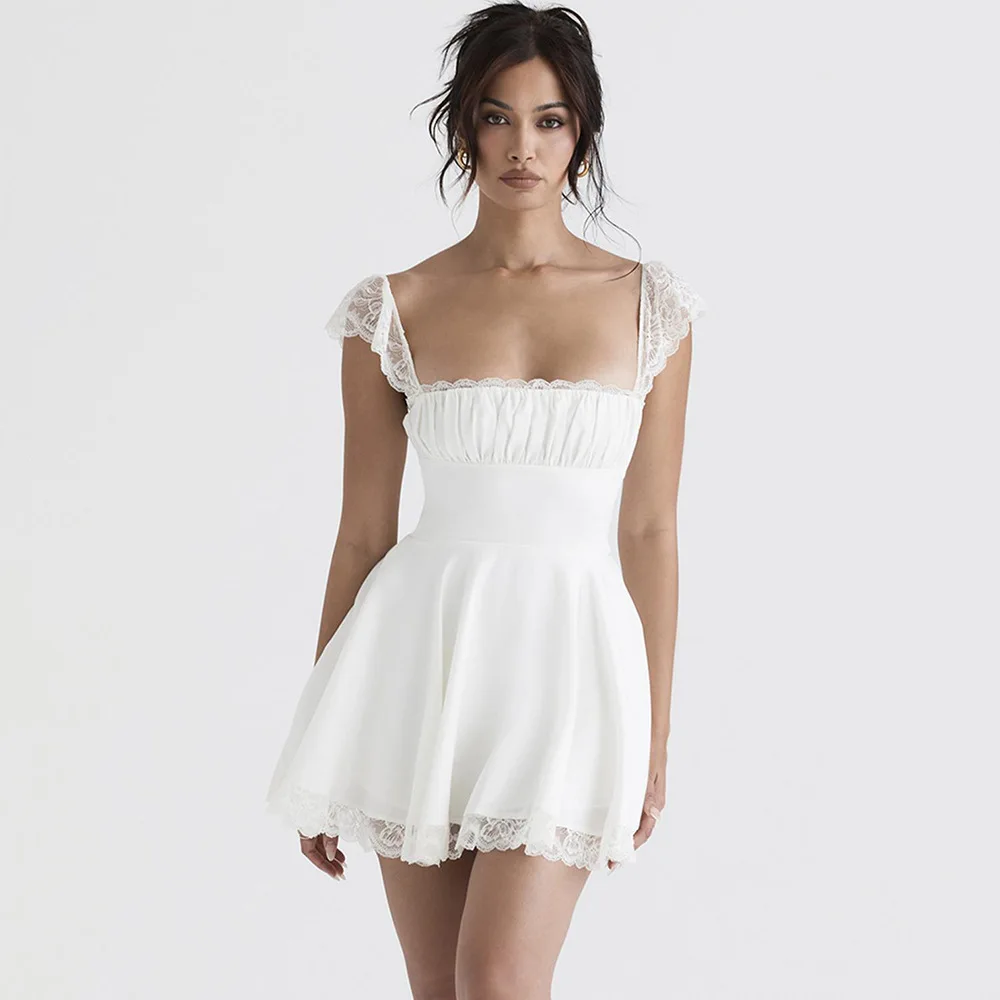 2023 sommer Elegante Weiße Spitze Strap Mini Kleid Für Frauen Mode Französisch Stil Lace Up Backless Lose Sexy Schwarze Kurze Kleider