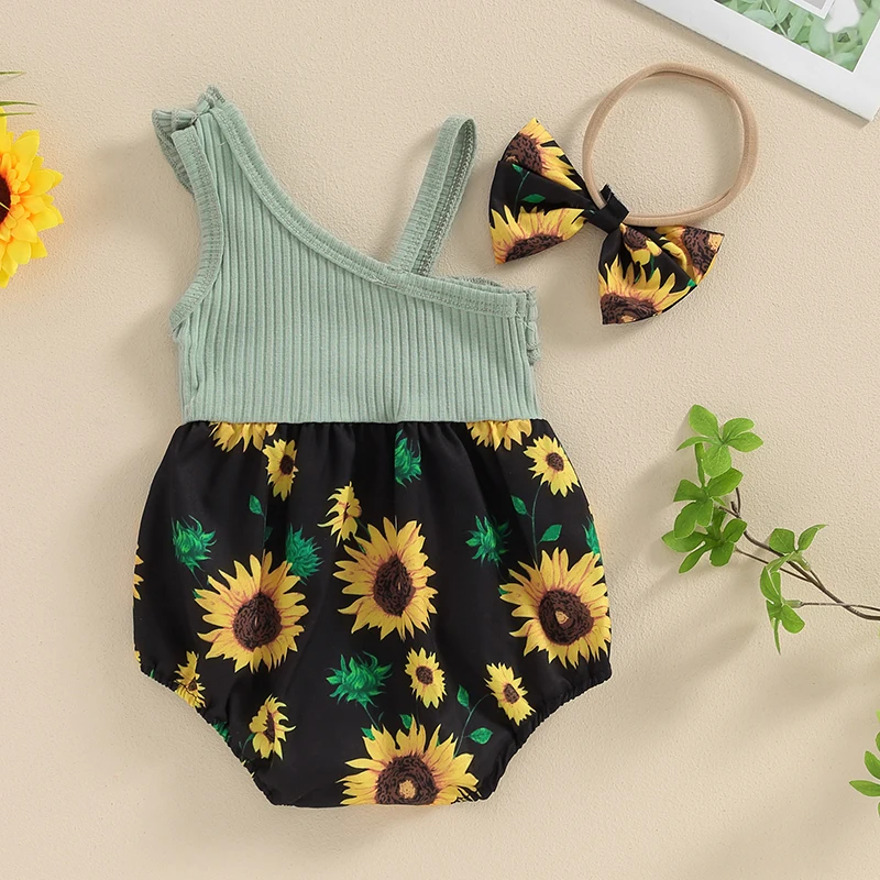 Baby Girl 2 Piece Summer Set Sunflower Print Slash Neck Sleeveless Frill Trim Ribbed Romper 3D Bow Headband Newborn Outfits