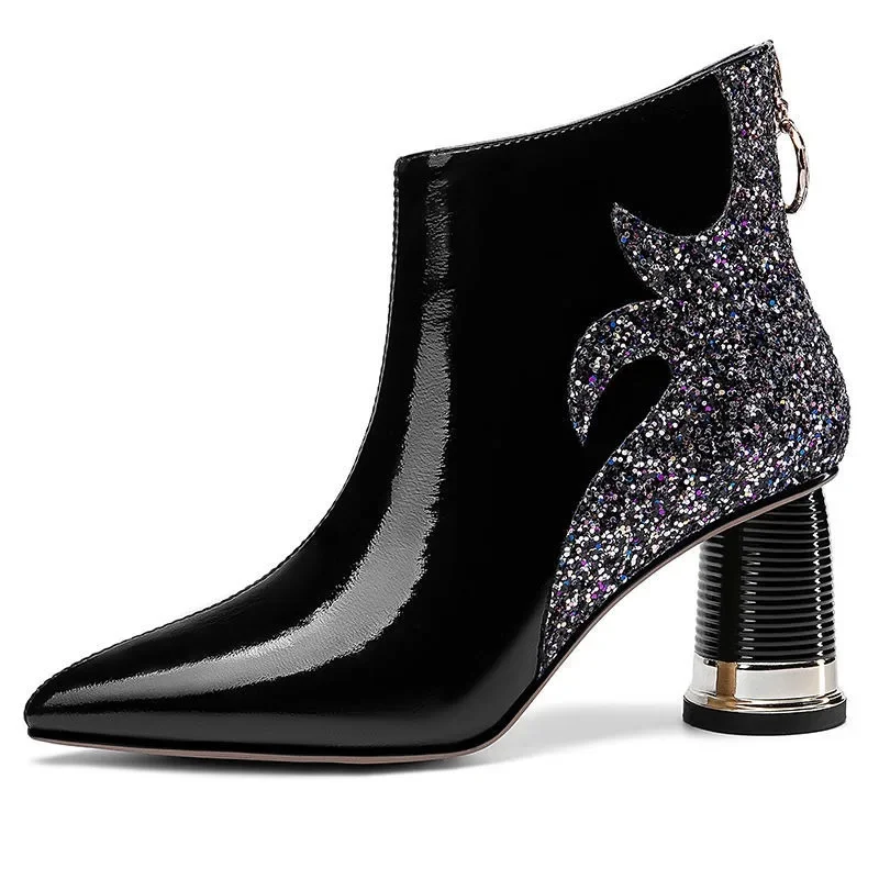 High Quality Women\'s Boots 2023 Shiny Sequined Ladies High Heels Sexy Pointed Ankle Boots Comfor Chunky Heel Office Female Shoes