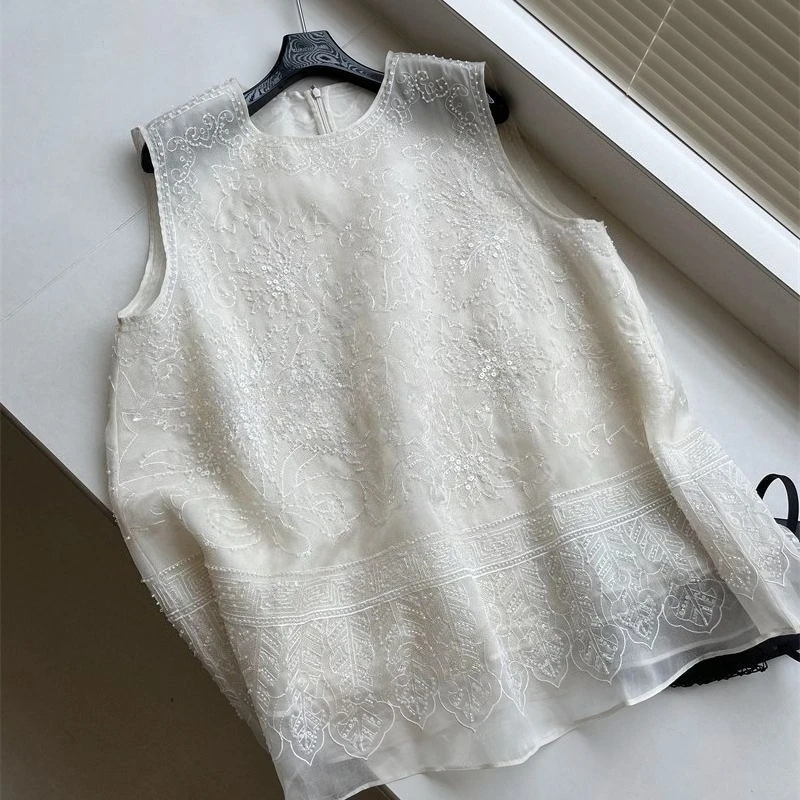 Exquisite Summer All Match Embroidery Beading Blouse Y2k Aesthetic French Loose Temperament Camis Harajuku Casual Women Clothes