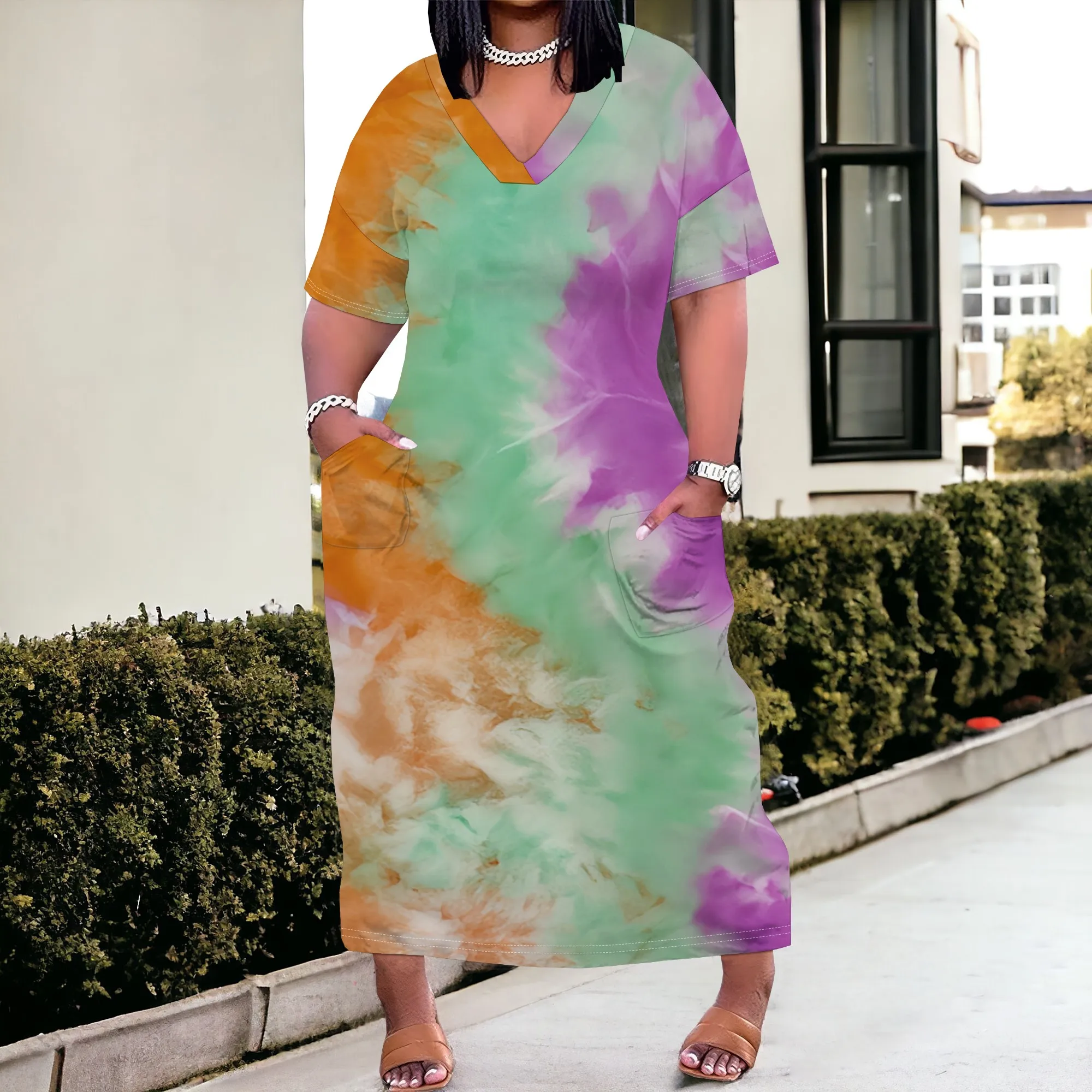 

Plus Size Tie-Dye V-Neck Maxi Dress for Women, Orange & Green with Pockets, Casual Summer Outfit, XL-6XL