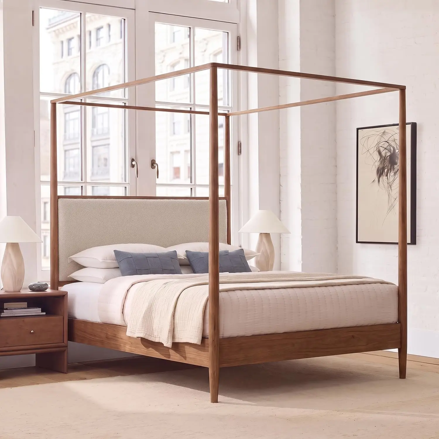 Canopy Bed Frame, Walnut Platform Upholstered Headboard, 10-Slat Four Post, 7.7