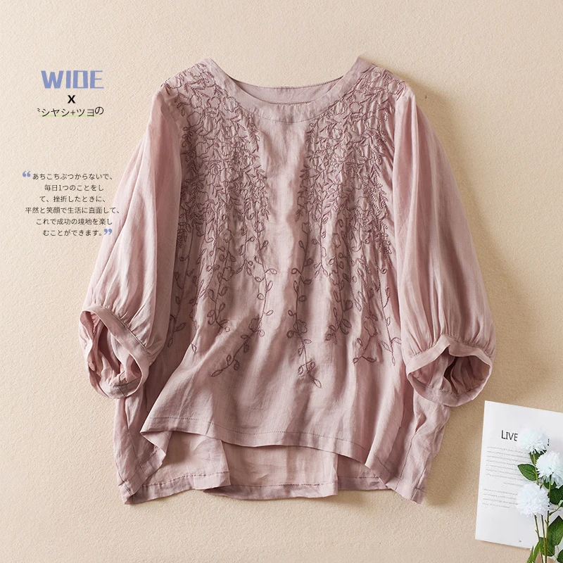 Cotton Linen Women\'s Shirt Summer 2023 New Embroidery Vintage Blouses Loose Short Sleeves Top O-neck Ladies Clothing