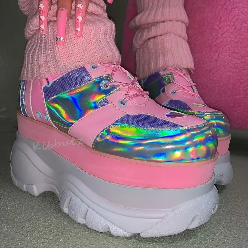 Laser Sneakers Mixed Color Platform Height Increasing Pink and Purple Dazzling Color Bling Outside Runway Shoes Comfortable New