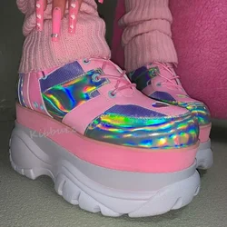 Laser Sneakers Mixed Color Platform Height Increasing Pink and Purple Dazzling Color Bling Outside Runway Shoes Comfortable New