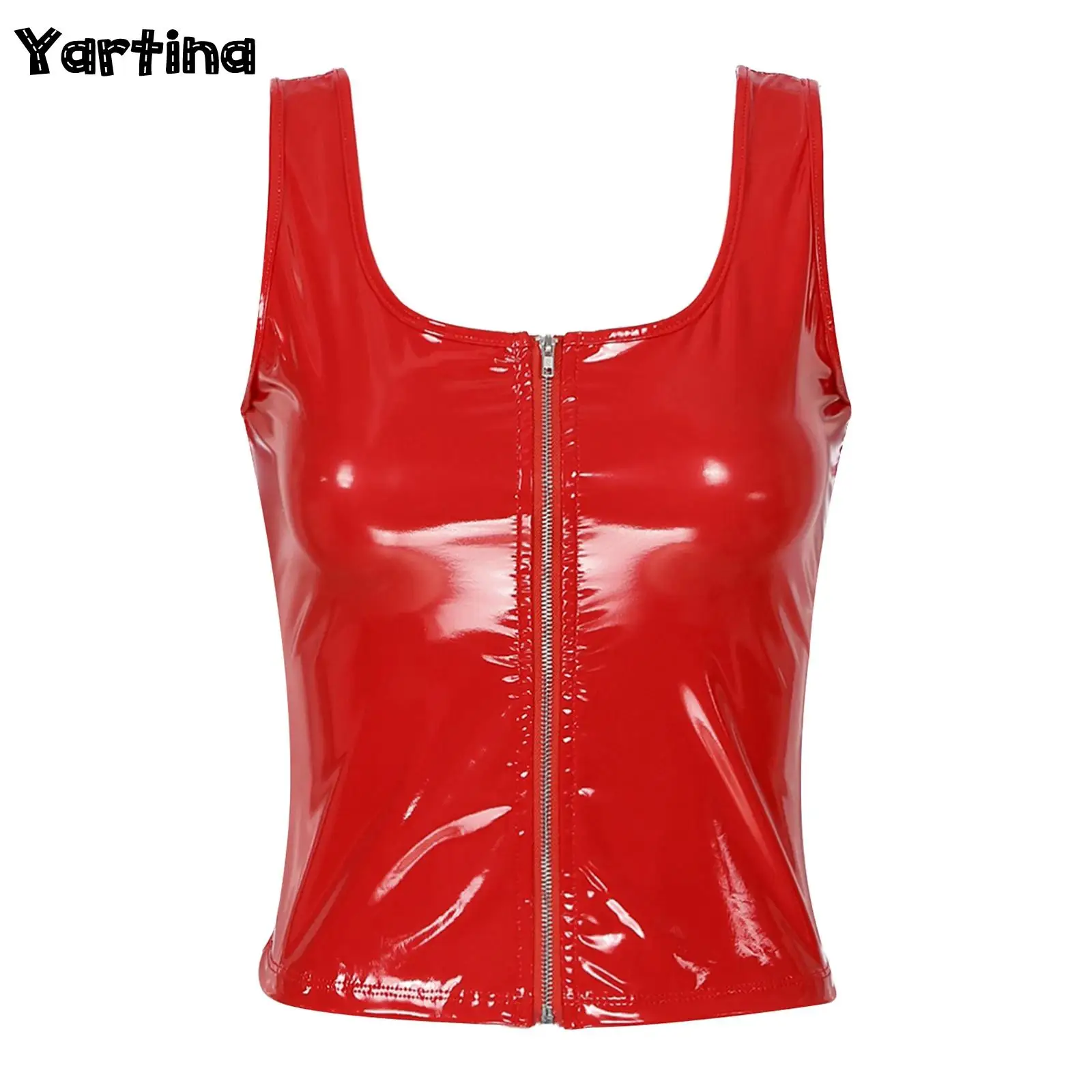 

Womens Zipper Patent Leather Tank Top Latex Moto Biker Punk Crop Tops Wet Look U Neck Wet look Corset Vest Club Pole Dancing