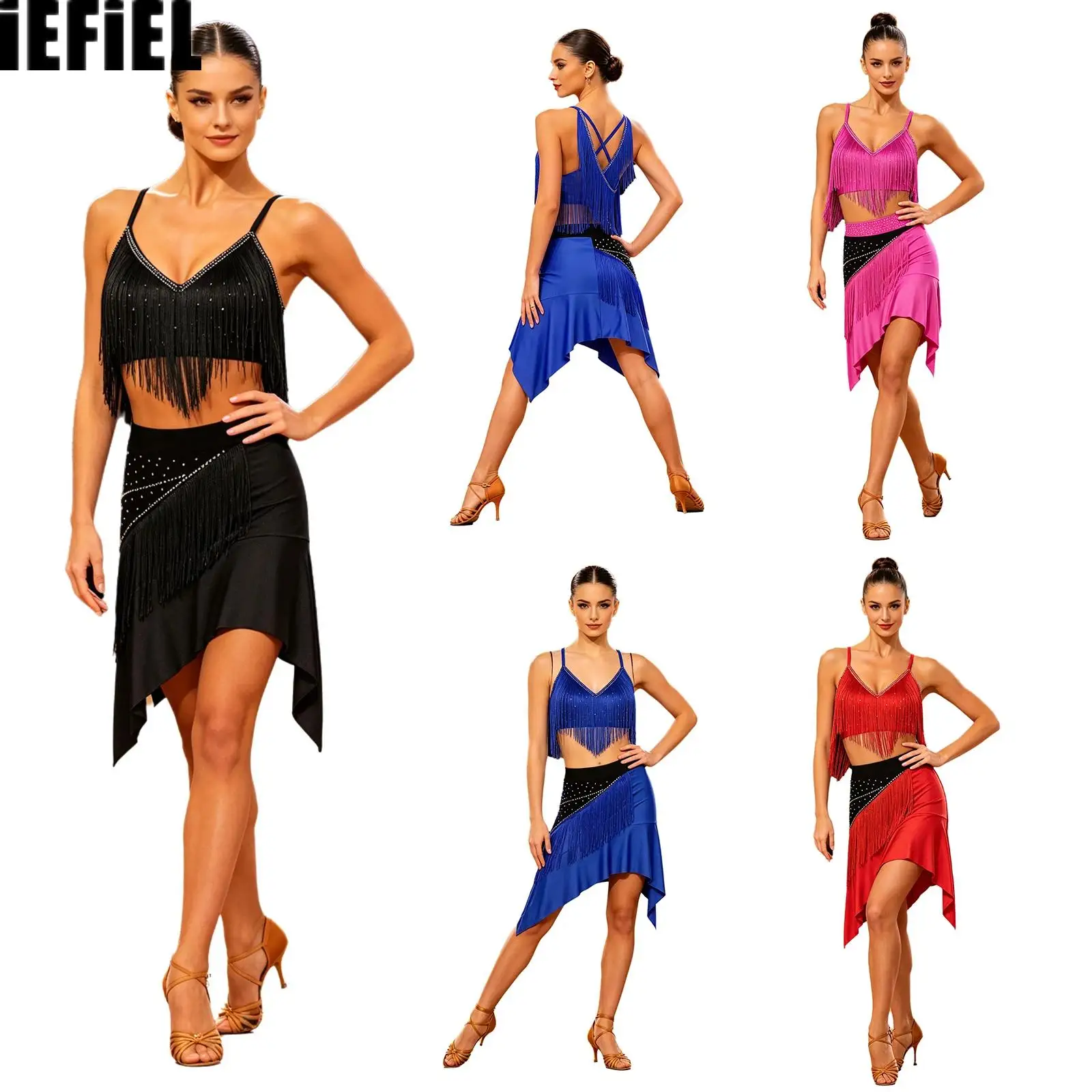 

Women Color Blocking Latin Dance Sets V-neck Sleeveless Crisscross Back Fringe Crop Top And Irregular Hem Skirt for Tango