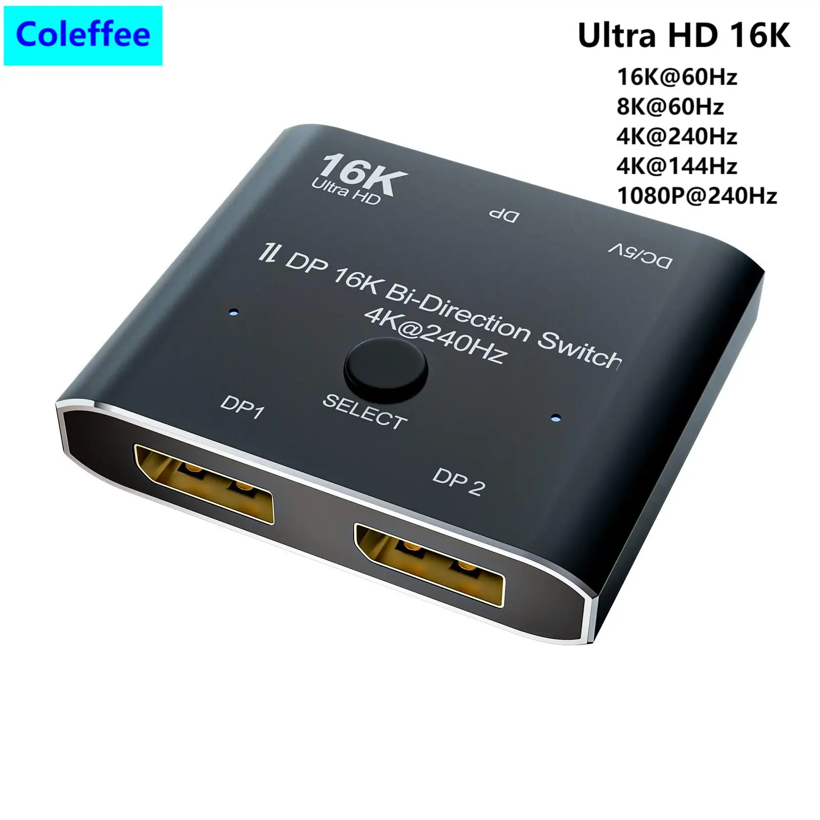 16K Dp Schakelaar Bi-Richting 2X1 Schakelaar Splitter Selector Hub Displayport 2.0 Ondersteuning Hdcp Sst Extended 16K @ 60hz 4K @ 240Hz Convertor