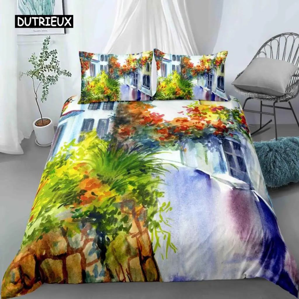 Oil Painting Landscape King Queen Duvet Cover Natural Scenery Bedding Set Teen Adult Floral Ocean Building Polyester Quilt Cover