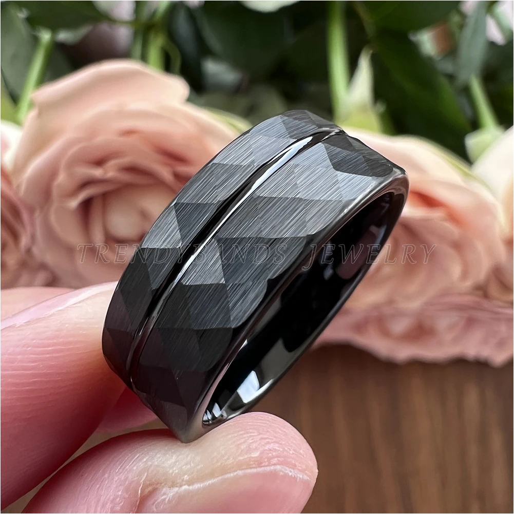 Rings for Men Women Wedding Band Black Tungsten Carbide Engagement Fashion Jewelry Hammered Brushed Finish Comfort Fit