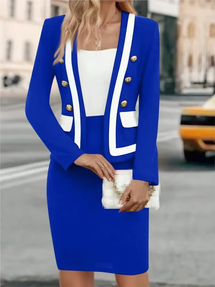

Spring OL Temperament Skirt Suit Matching Double Breasted Long Sleeved Blazer & Slim Fit Bag Hip Skirts 2 Piece Set Women Outfit