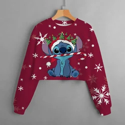 Girls Hoodie Casual Cartoon Merry Christmas Print Children's Top Spring Autumn Disney Lilo&Stitch Girls' Short O Neck Sweater ﻿