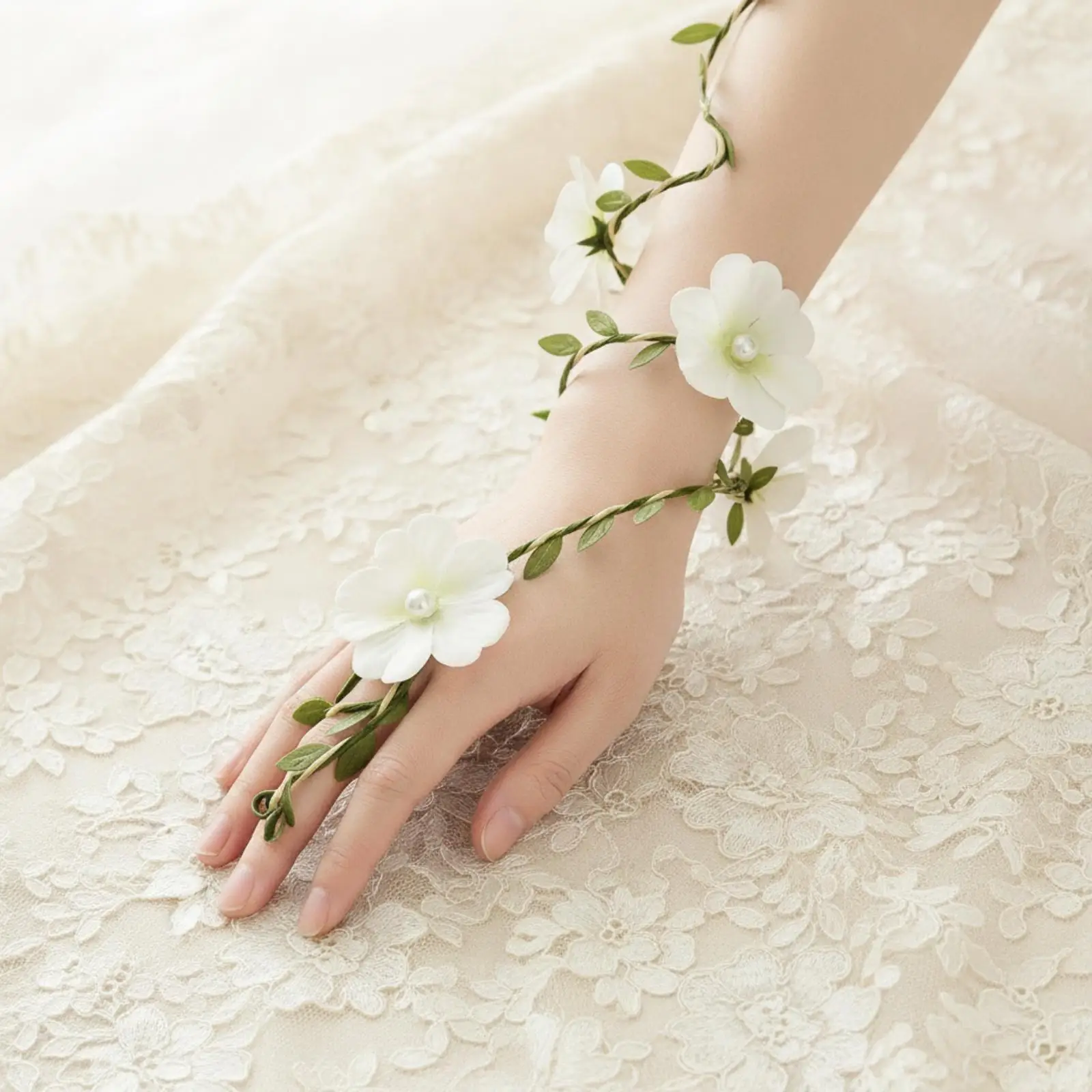 Women Fairy Wrist Garland Costume Accessory with Textile Flowers Pearl Center and Leafy Trail for Boho Party Festival Photo