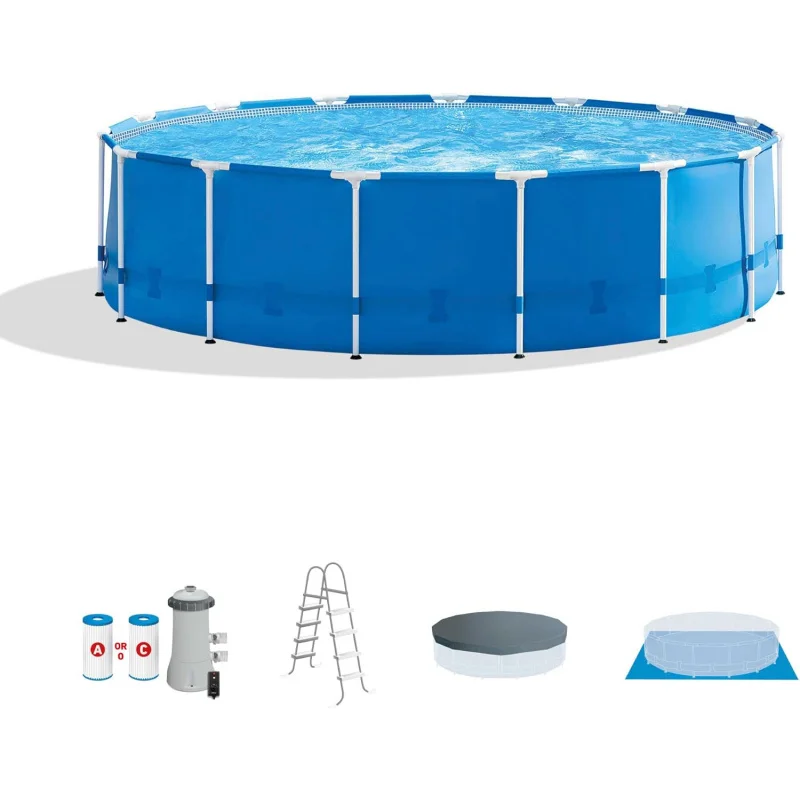 

15ft x 48in Metal Frame Above Ground Pool Set, Swimming Pool with Pump, Removable Ladder, Cover and Ground Cloth