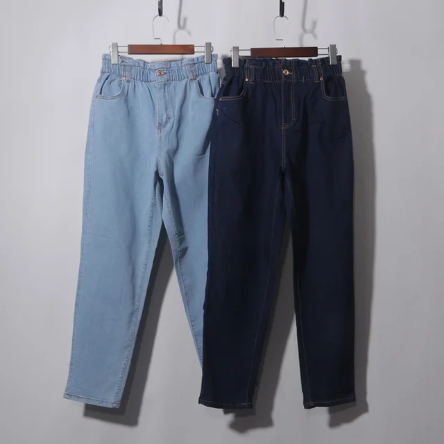 Casual High Waist Cotton Stretch Denim Capri Pants with Pleated Hem Elastic Waist Ladies Faion Spring Autumn Wear
