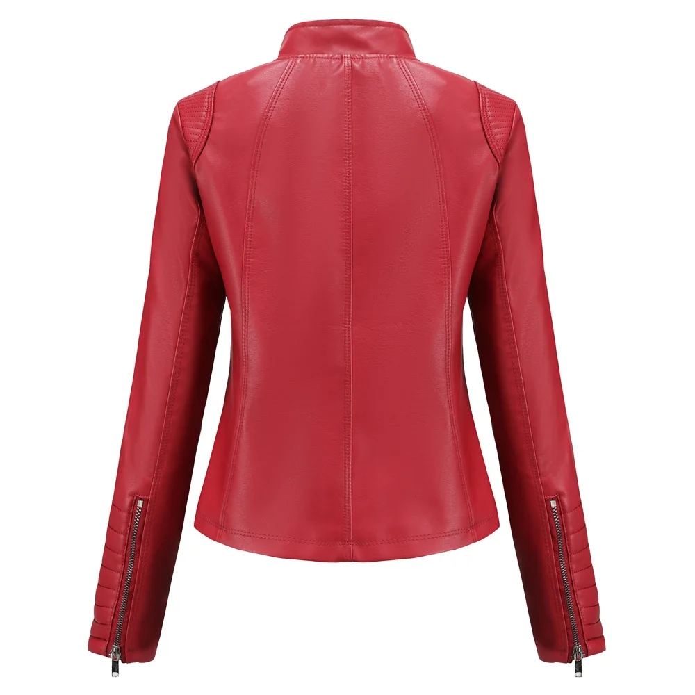 Bright Red V-neck Leather Jacket Women\'s, Fashion Slim PU Coat, Black Short Outerwear Asia Size XS S M L XL XXL