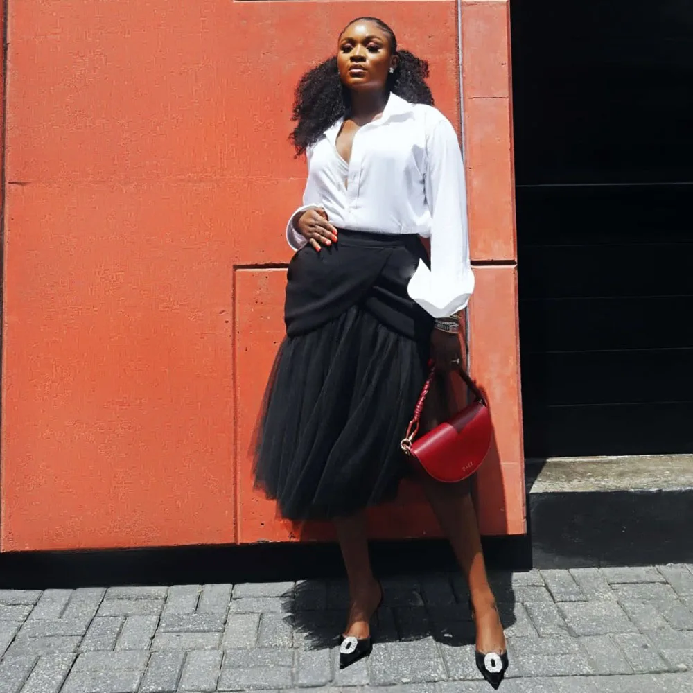 

Black Knee Length Tulle Skirts Without Top Mermaid Style Evening Party Skirt Custom Made Office Lady Skirt