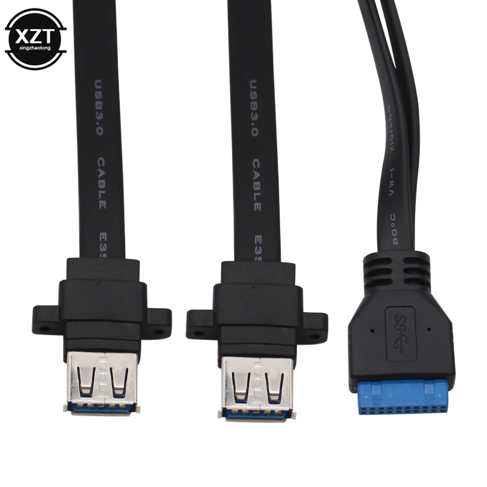 Dual USB 3.0 Female to 20 Pin Header Motherboard Adapter Cable 2 USB Screw Panel Mount Motherboard Flat Cable Cord 30/50/65/80cm