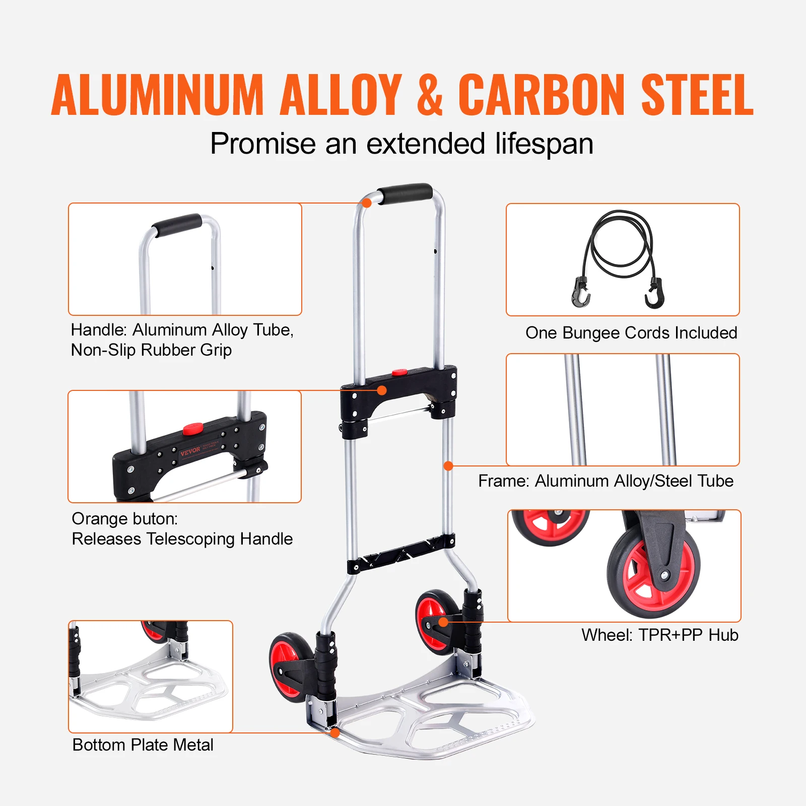 VEVOR 176 lbs Folding Hand Truck Dolly Aluminum Stair Climbing Cart with Telescoping Handle Luggage Trolley for Home Shopping