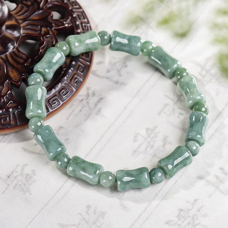 Natural A- Grade Jadeite Green Bean Variety Bracelet- Bamboo Section Design Rising Step By Step Bucket Bead Jade Jewelry