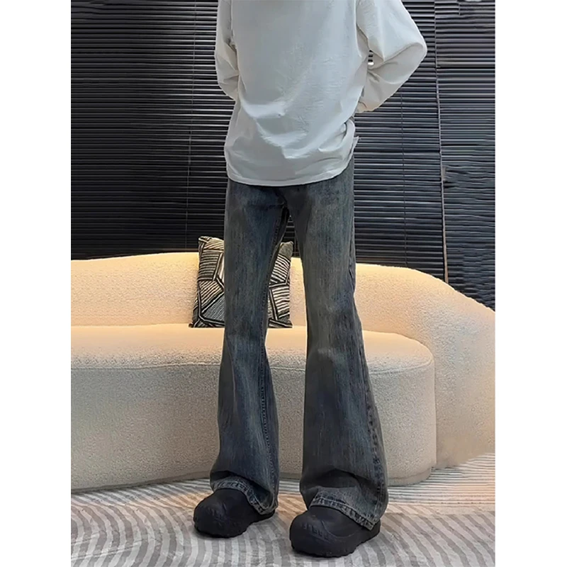 Blue Bamboo Bud Pattern Men's Jeans 2024 New Style Leg Lengthening Micro Flared Pants American High Street OOTD Matching Pants